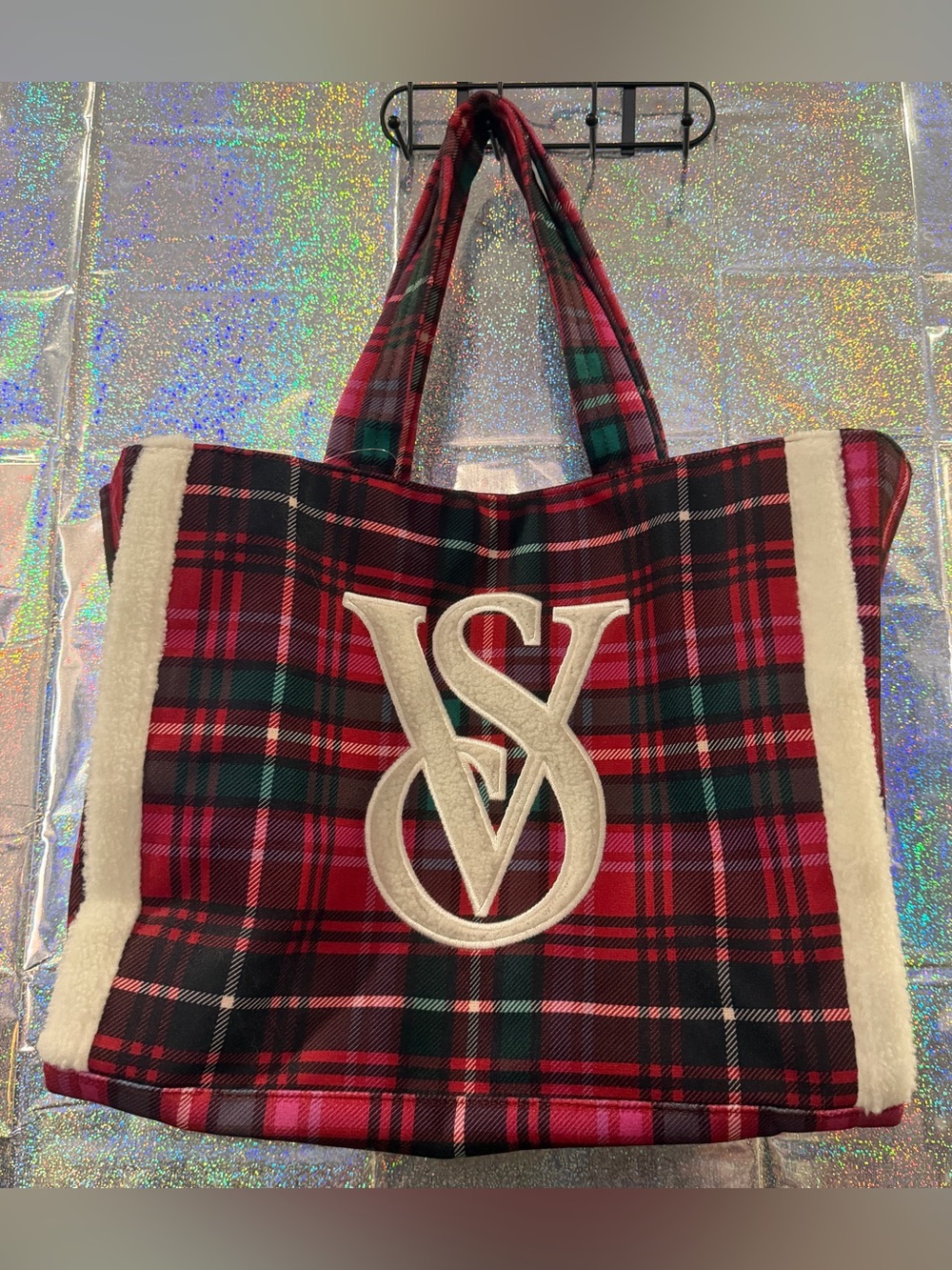 Victoria’s Secret Red Plaid Sherpa Logo Holiday Tote Bag